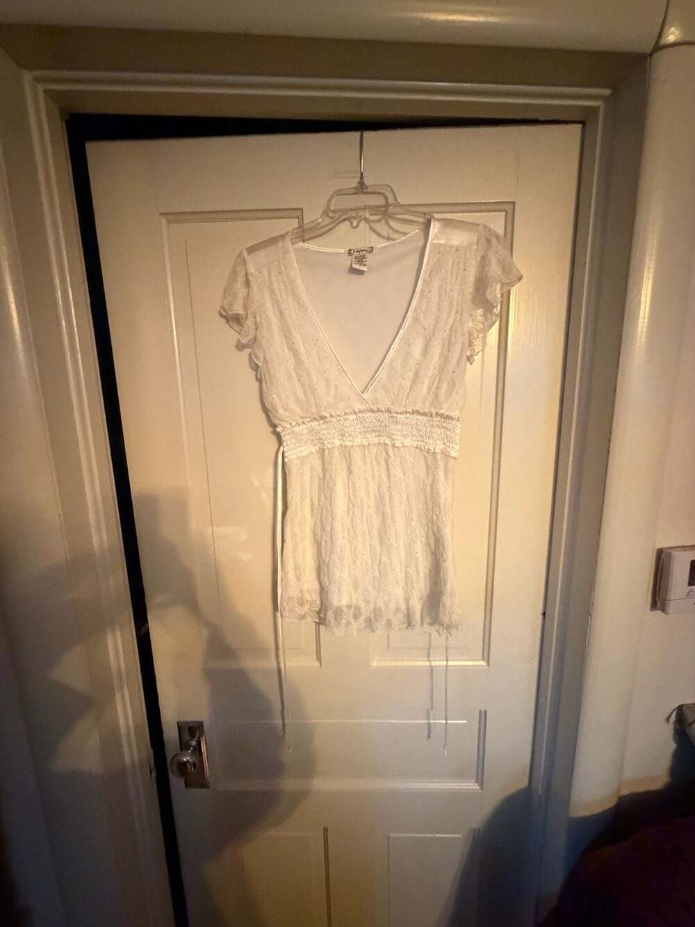 6 Degrees White Lace V-Neck Flutter Sleeve Top with Metallic Detail